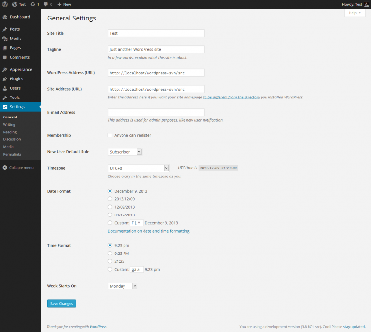 WordPress Site Settings