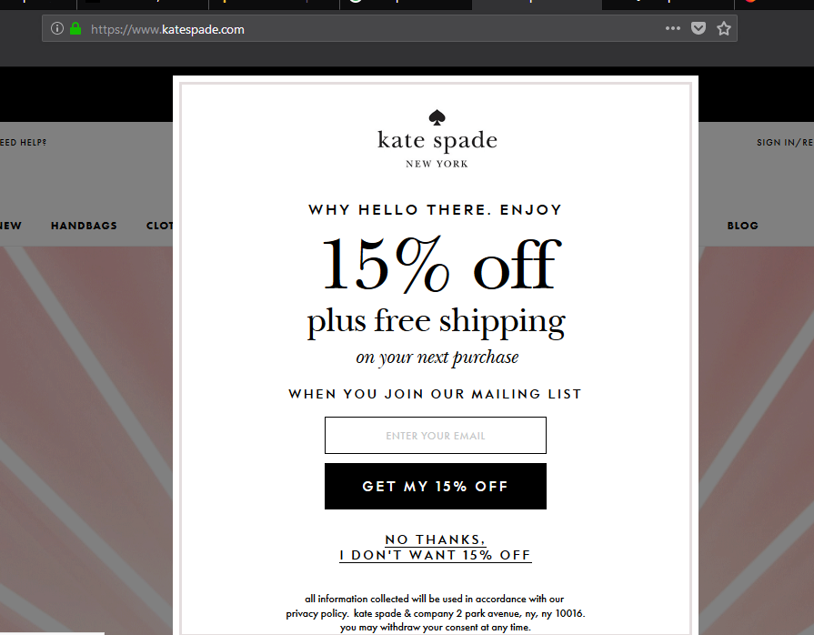 Kate Spade Newsletter Opt in